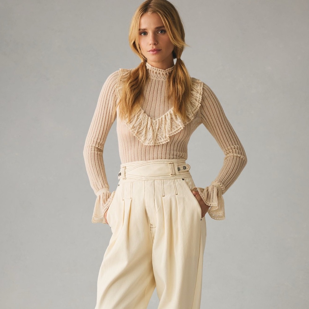 New Anthropologie Sheer Ruffle Ivory Top